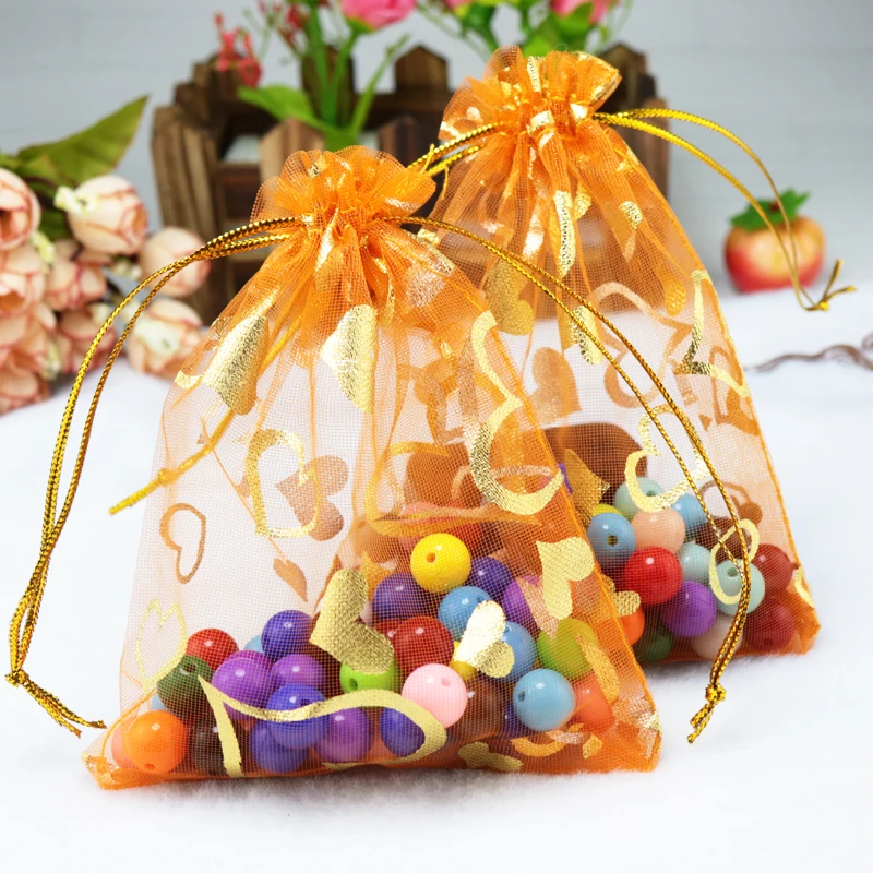 Orange Organza Bags 11x16cm Heart Design Candy Jewelry Packaging Bags