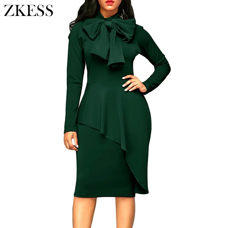 Jade-Green-Asymmetric-Peplum-Style-Pussy-Bow-Dress-LC61826-9-1 