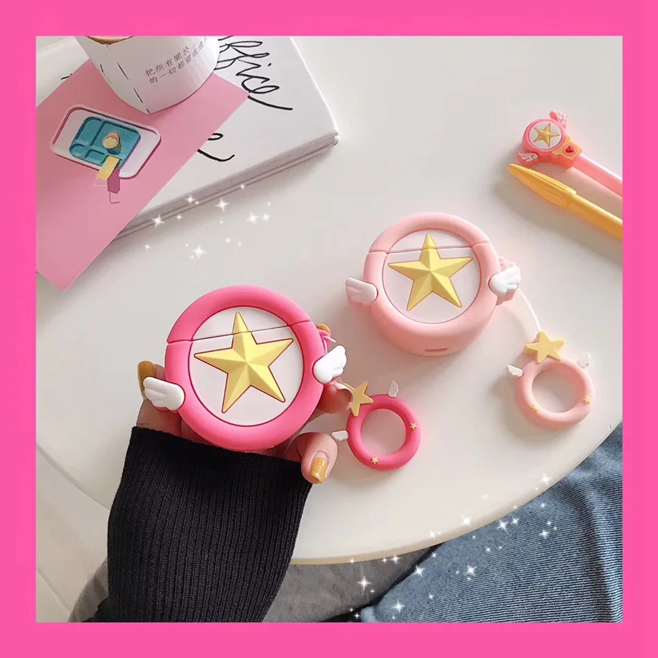 

3D Earphone Case For AirPods Case Silicone Cute Cartoon Sakura Pink Star Angel Wing Cover For Apple Air pods 2 Finger Ring Strap