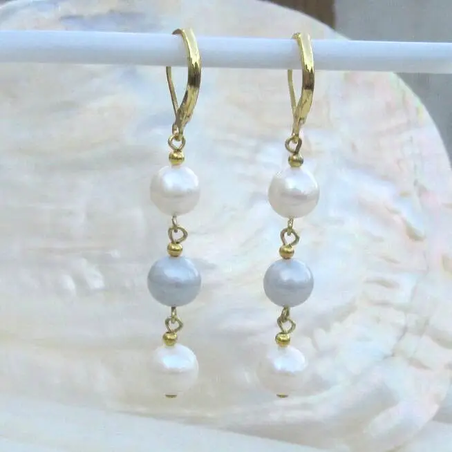 

HOT AAA++MM NATURAL SOUTH SEA GENUINE white+gray PEARL EARRING 14k/20