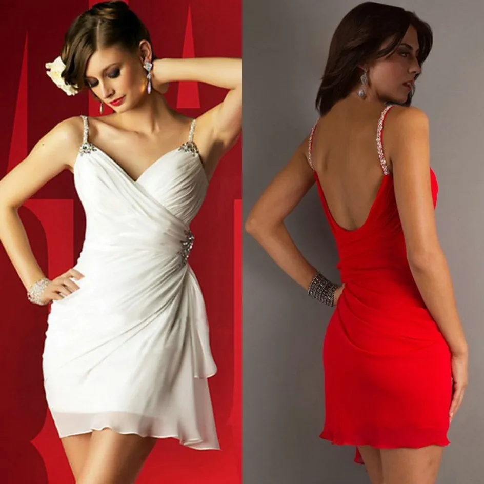 

Sweetheart Short Mini White Cocktail Dress Chiffon Spaghetti Straps Red Homecoming Dresses Cheap
