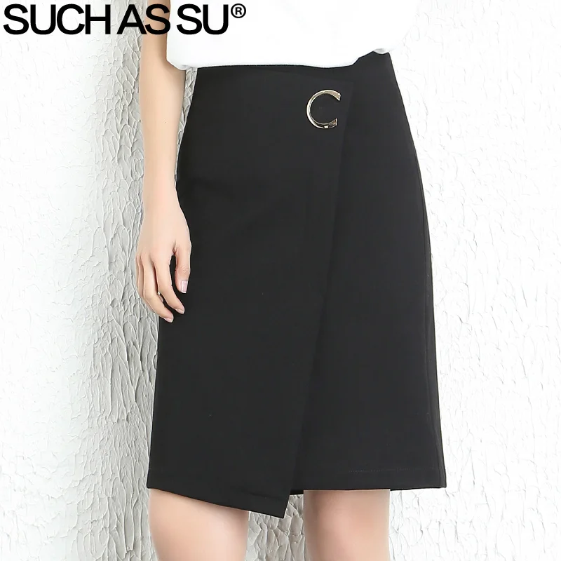 

SUCH AS SU New 2018 Spring Summer Asymmetrical Skirt Women Black Knit Patchwork High Waist Skirt S-3XL Office Lady Skirt