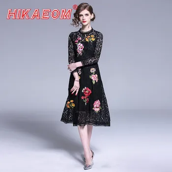 

Woman Dresses Elegant Evening High-end New Hollow Flower Rework Embroidery Slim Black Lace Dress Vestidos De Verano Mujeres 2019