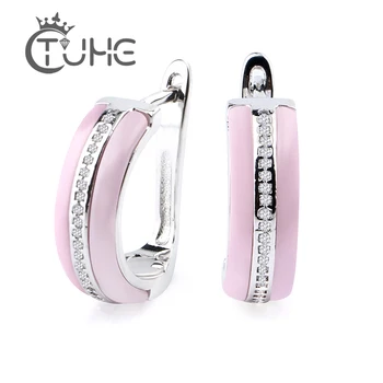 

New Trendy Earrings For Women Romantic Smooth Light Pink One Row Rhinestone Ceramic D Shape Stud Earrings Wedding Christmas Gift