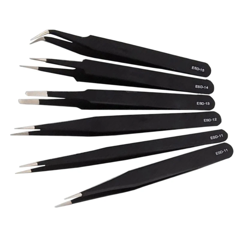 

6 Models ESD Tweezers Non-magnetic Forceps Anti-static Fine Curved Tip Black Maintenance Tools for Electronics Jewelry