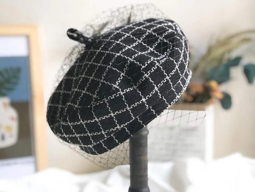 JOEJERRY Wool Beret Female French Hat Tweed Beret Plaid Hat with Veil For Wedding Party