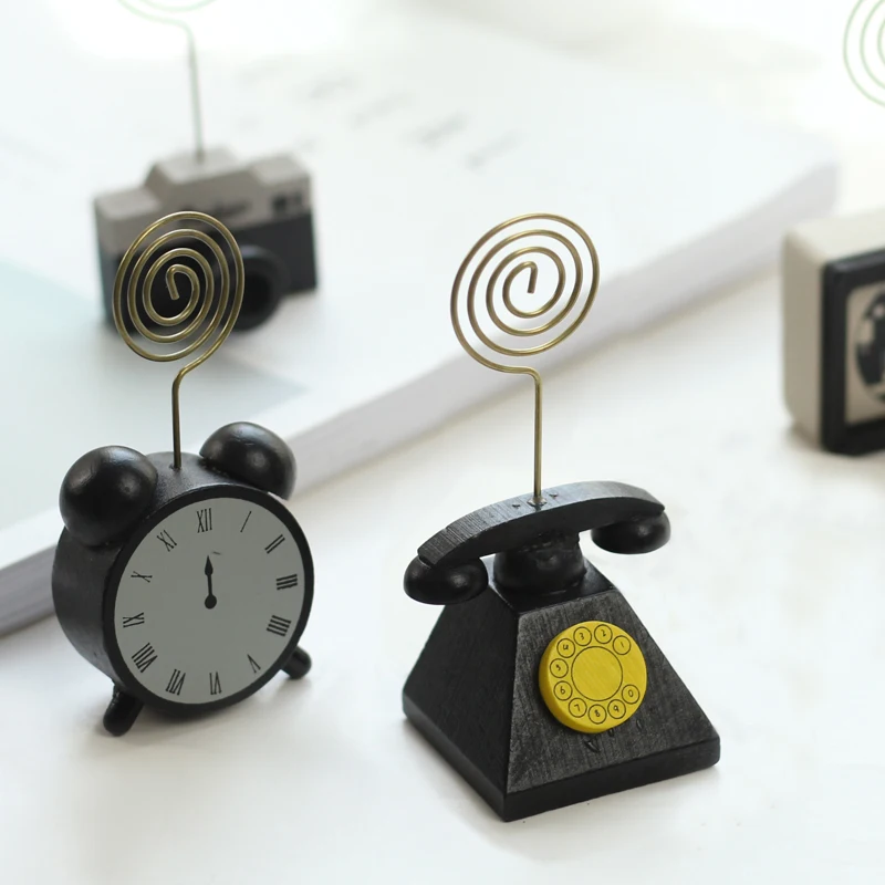 

4pcs Creative cute simple retro wood camera phone desktop message folder / business card holder / photo folder // message clip