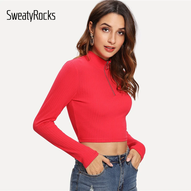 SweatyRocks T Shirt Women Zip Front Crop Top Red Tee Shirt Femme 2018 ...