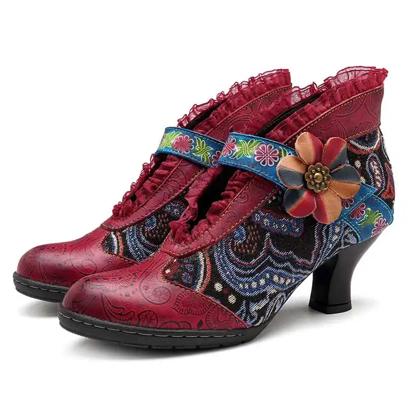 Socofy/туфли-лодочки в богемном стиле с кружевными полями женская обувь женские туфли-лодочки на высоком каблуке в стиле ретро из натуральной кожи на застежке-липучке с цветочным узором женская обувь на каблуке 5 см; Новинка - Цвет: Красный