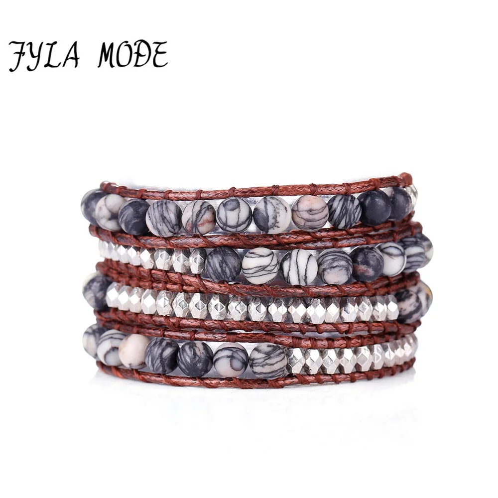 

Fyla Mode Unique Natural 6mm Stone Beads Leather Wrap Bracelet Personalized Multi Layered Beads Bracelet Natural Stone Bracelet