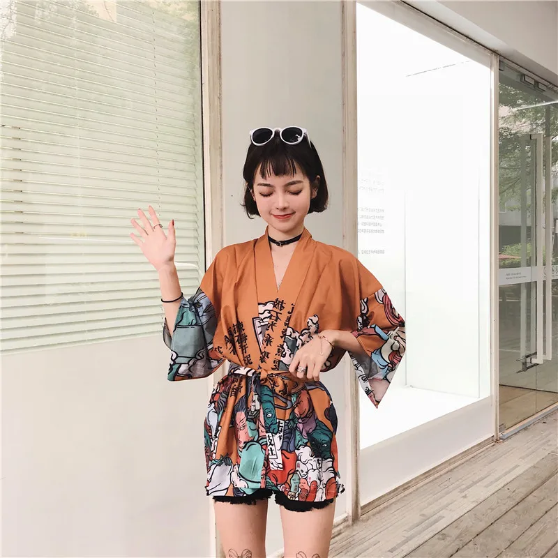 Кимоно кардиган блузка рубашка Лето пляжные кимоно женщина 2018 косплэй юката женский Оби японский уличная komono FF1126K