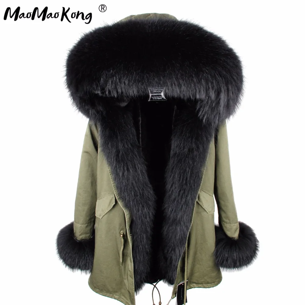 

2019MAOMAOKONG women's jacket winter warm long section slim hooded natural raccoon fur coat faux fur lining detachable jacket