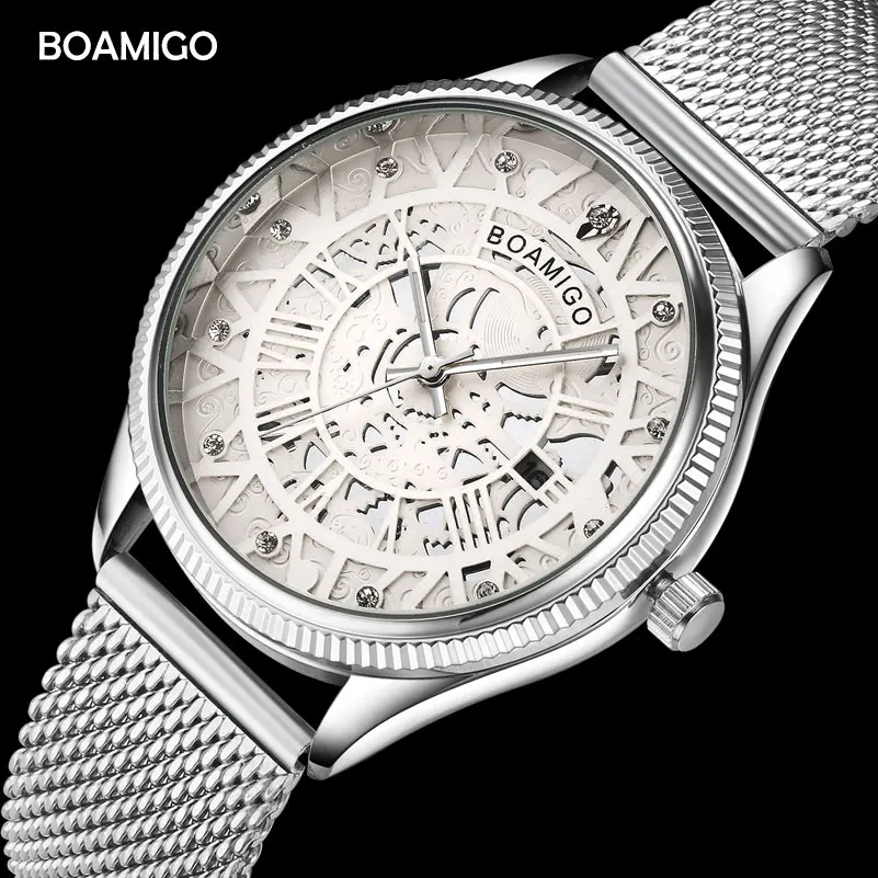 

Silver Mesh Band Mens Watch Skeleton Large Face Fashion Quartz Wristwatches Auto Date Hot Steel Band Man Watches Gifts with Box