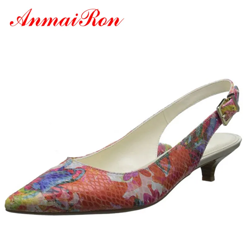 ANMAIRON Women Kitten Heel Pointed Toe Pumps Women Back Strappy Sexy Office Lady Shoes Genuine Leather Multi Colors Summer Pumps