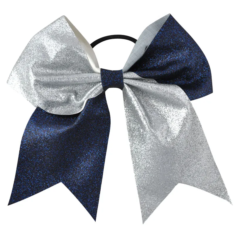 1PC 7Inch 2Color Mix Girls Boutique Solid Glisten Cheerleading Bow Hair Ring Elastic Hair Bands Hair Bows Women Hair Accessories - Цвет: Navy-Silver