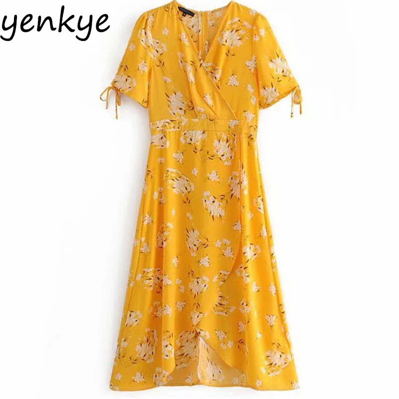 

Summer Dress Sweet Women Floral Printed Yellow Wrap Dress Lady V Neck Short Sleeve A-line Midi Dress OMZZ6706