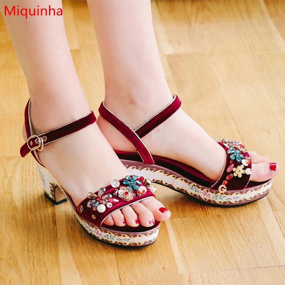 

Miquinha High Heel Women Pumps Open Toe Buckle Lady Gladiator Multicolor Crystal Flower Embellished Runway Super Star Shoes