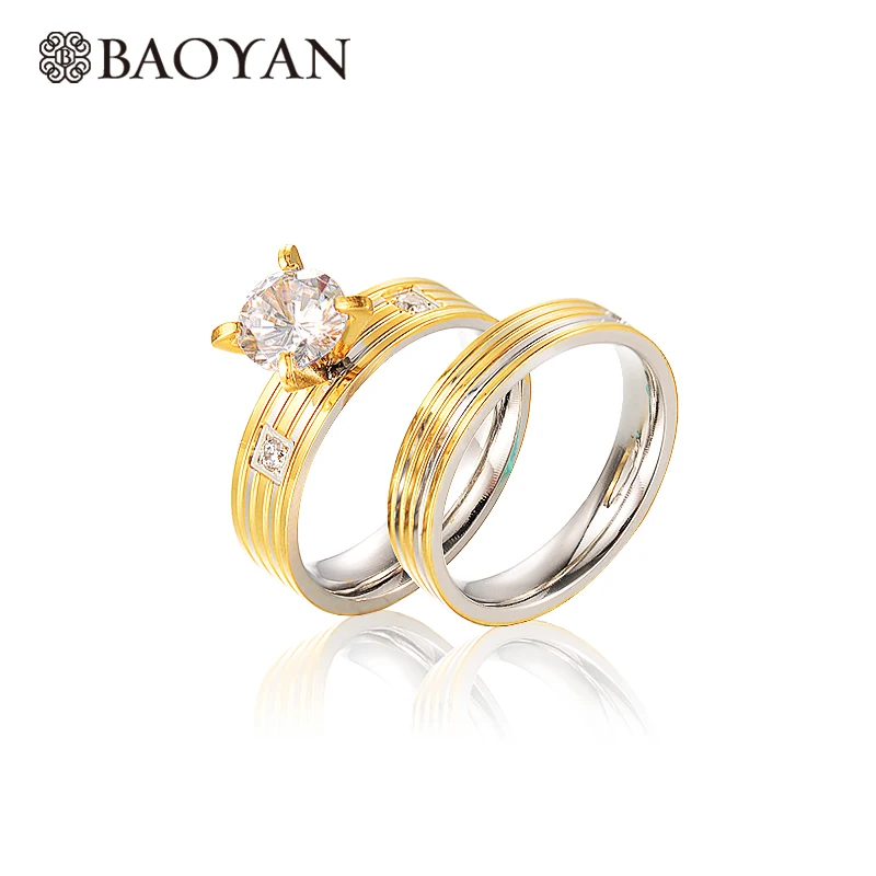 

Baoyan Fashion Elegant 316L Stainless Steel Silver Gold Color Prong Setting Wedding Solitaire Ring Set for Women N15