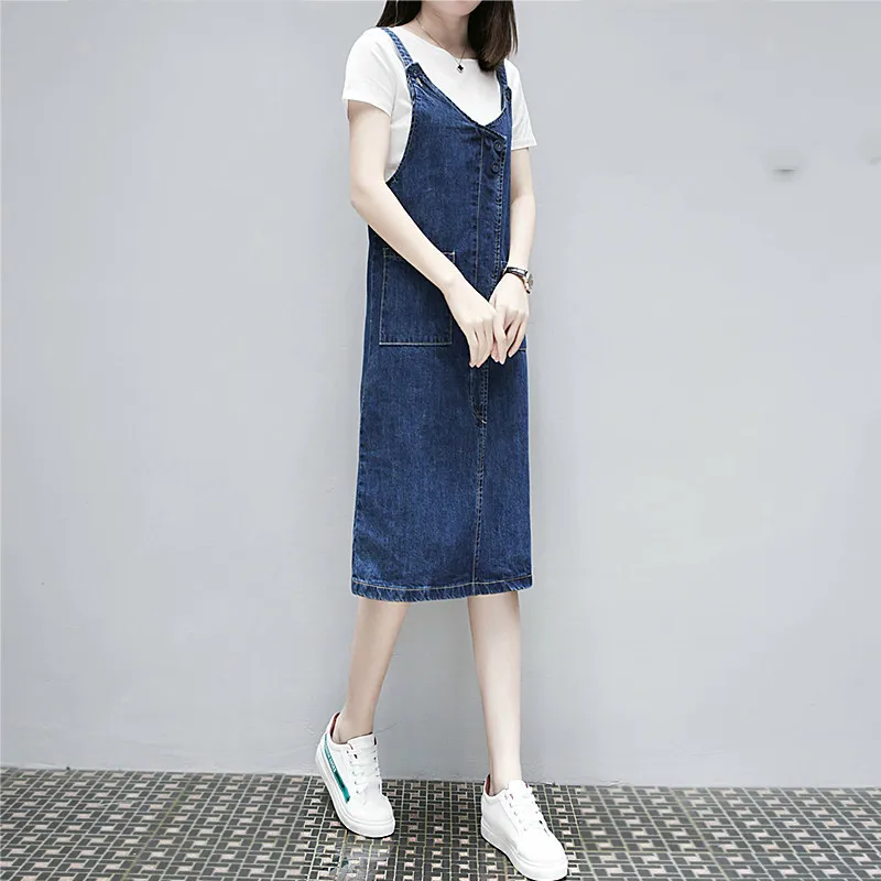 2019 Women Summer Casual Spaghetti Strap Denim Dresses Pockets Elegant Cowboy Fashion Feminino Lady Jeans Dress Plus size XL-5XL