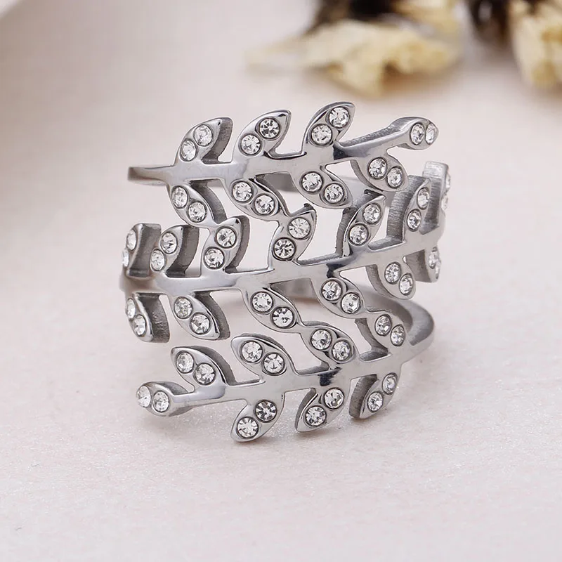 Fashion New Twig Leaves Wedding Ring AAA+ Cubic Zirconia Stainless Steel Ring for Women Personality Party Jewelry Gift