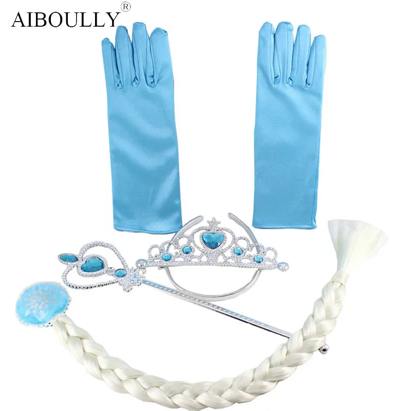 

4Pcs/set 5 Styles Elsa Anna Cosplay toy Princess Accessories Crown Gloves Braid Wig Magic Wand Figure Toys Girl Play Set