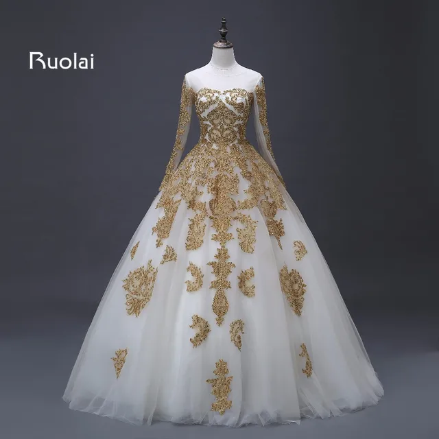 Luxury Dubai Wedding Dresses 2017 Tulle Long Sleeves Golden Lique Luxury Dubai Wedding Dresses 2017 Tulle Long Sleeves Golden Lique Beaded Arabic Ball Gown Bridal Robe