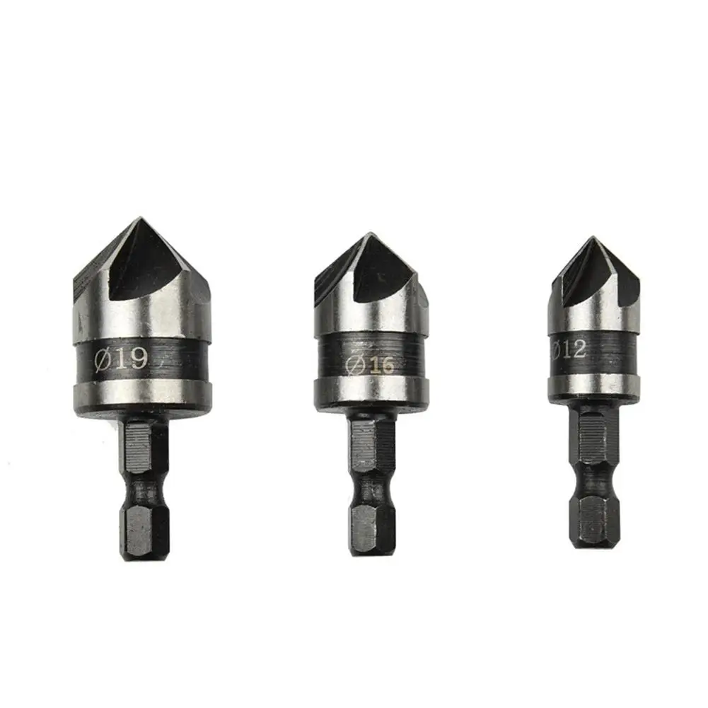 

LanLan 3pcs/Set 5 Flute Countersink Drill Bit Set 90 Degree Chamfering Cutter Mayitr for Wood Metal 12/16/19mm tool accessories