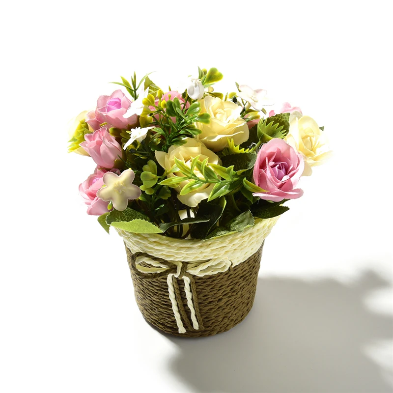 Имитация растений мини бонсай набор для свадебной вечеринки домашний сад Декоративные искусственные цветы искусственные шелковые розы цветы+ ваза из ротанга