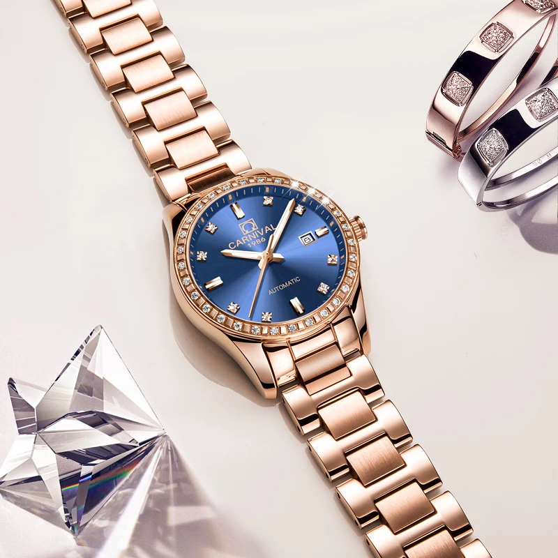 Карнавал розовое золото Кристалл сталь женские часы TopBrand Роскошные модные водонепроницаемые светящиеся Бабочка Пряжка relogio feminino