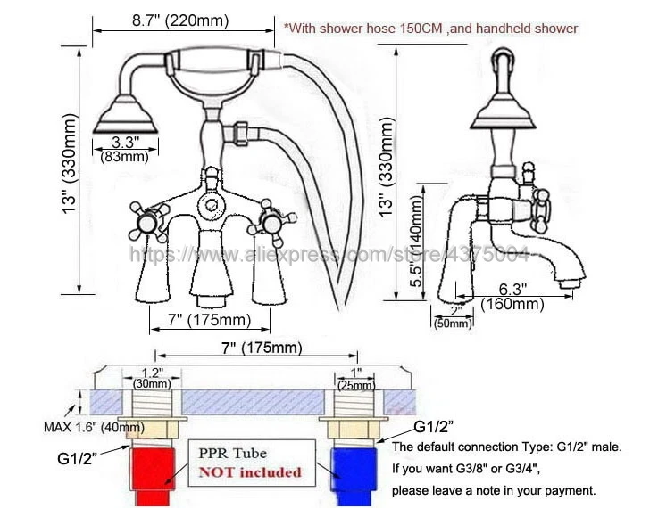 Antique Red Copper Bathtub Faucet Wall Mount Handheld Bath Tub Mixer System with Handshower Telephone Style Nna155