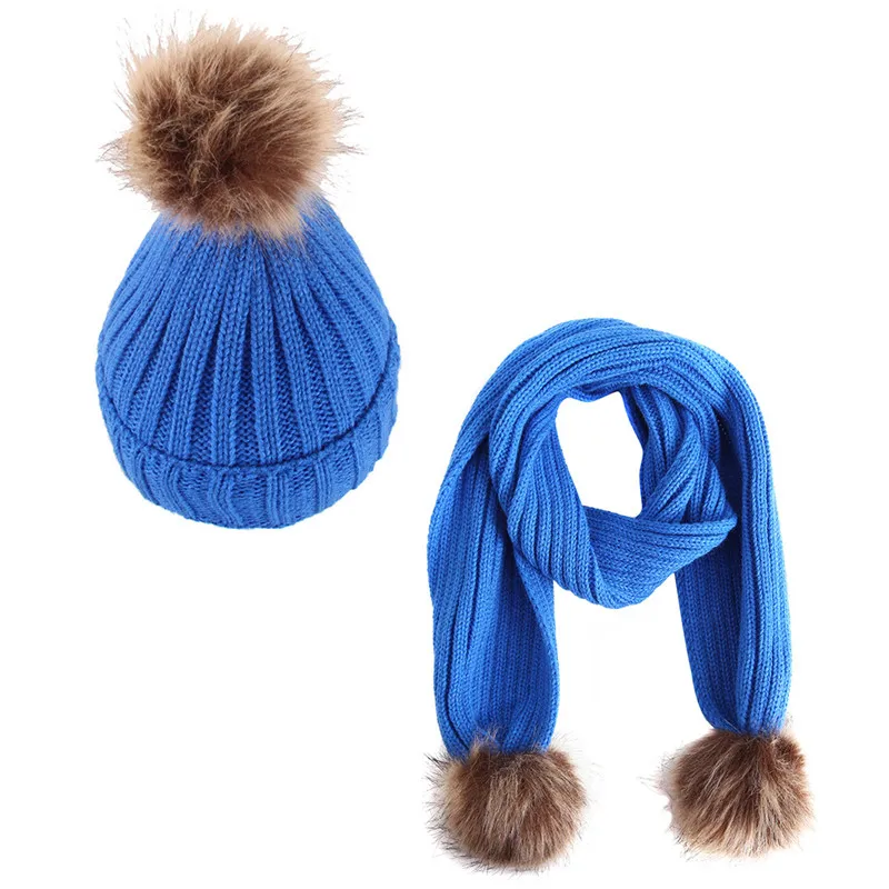 

Baby Vertical Hat Scarf Kids Warm Winter Caps Thick Plus Velvet Hat and Scarf Set For Girls Boys Fur Pompom Ball Knitted Beanie
