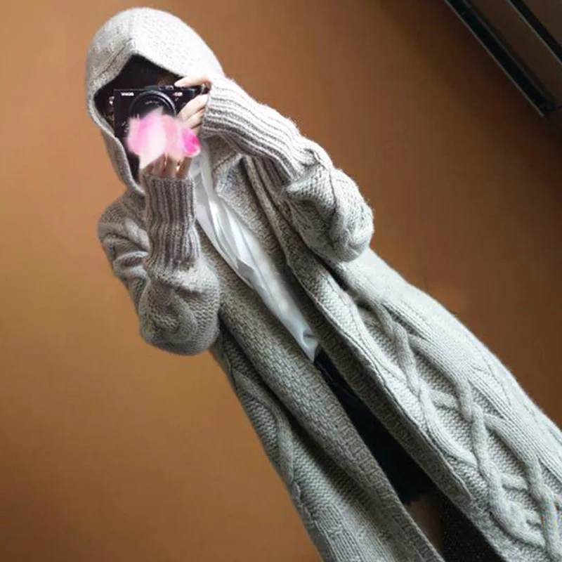 JVEII Hooded winter knit sweater long cardigan women loose twist pattern cashmere sweater casual chic autumn sweater women Sweaters