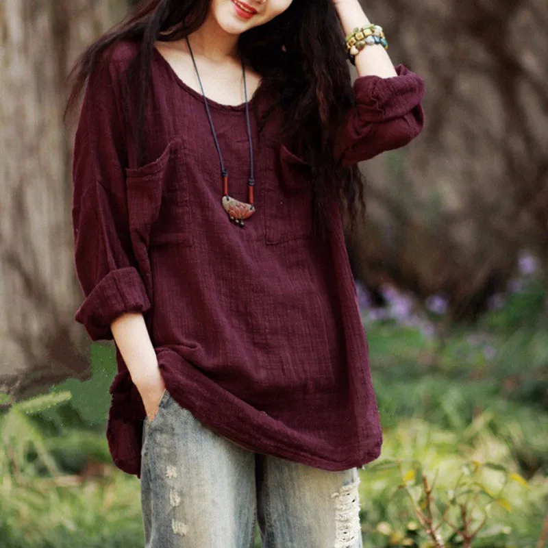 

Women Blouses 2019 Autumn Blusas Femininas Casual Loose Oversized O Neck Long Sleeve Pockets Cotton Solid Shirts Plus Size Tops