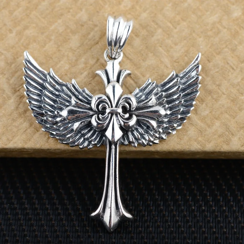 

S925 Sterling Silver Antique Style Mens Cross Pendant personality wings angel wings
