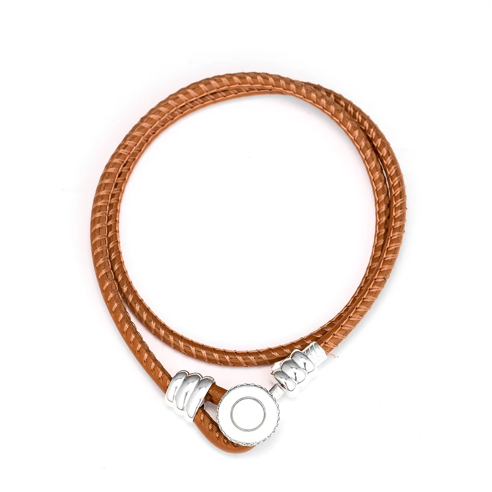 

CKK Bracelets Real 925 Sterling Silver Jewelry Golden Tan Double Leather Bracelets for Women DIY Fits Original Charms Beads