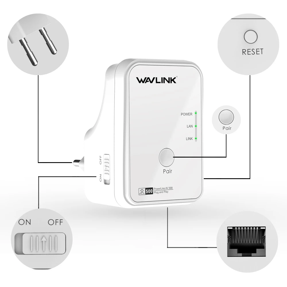 1 пара сетевой адаптер Wavlink AV500 Powerline RJ45 500Mbs Kit Ethernet IPTV HomePlug AV Plug and Play EU/US|Сетевые