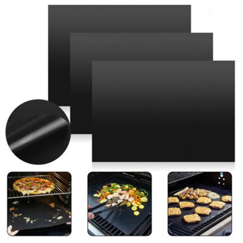 3 Sheets 16*13 Inch Thick Non stick Barbecue Grill Mats Balck Reusable