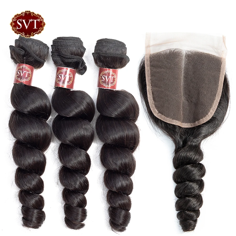 

SVT Hair Loose Wave Bundles With Closure Malaysian Hair Bundles With Closure Non Remy Human Hair 3 Bundles With Closure
