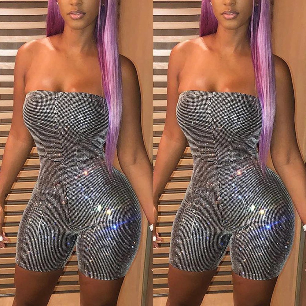 Shining Sliver Women Strapless Tube Romper Lady Sleeveless Street Wear Short Pant Bodycon Playsuit Lady Skinny Glitter Jumpsuits