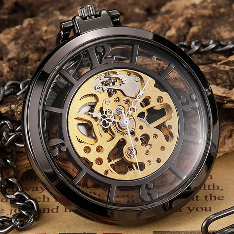 Винтаж прозрачный Механические карманные часы Для мужчин Рука Ветер Скелет гладкой поверхностью брелок кулон часы с большой арабскими