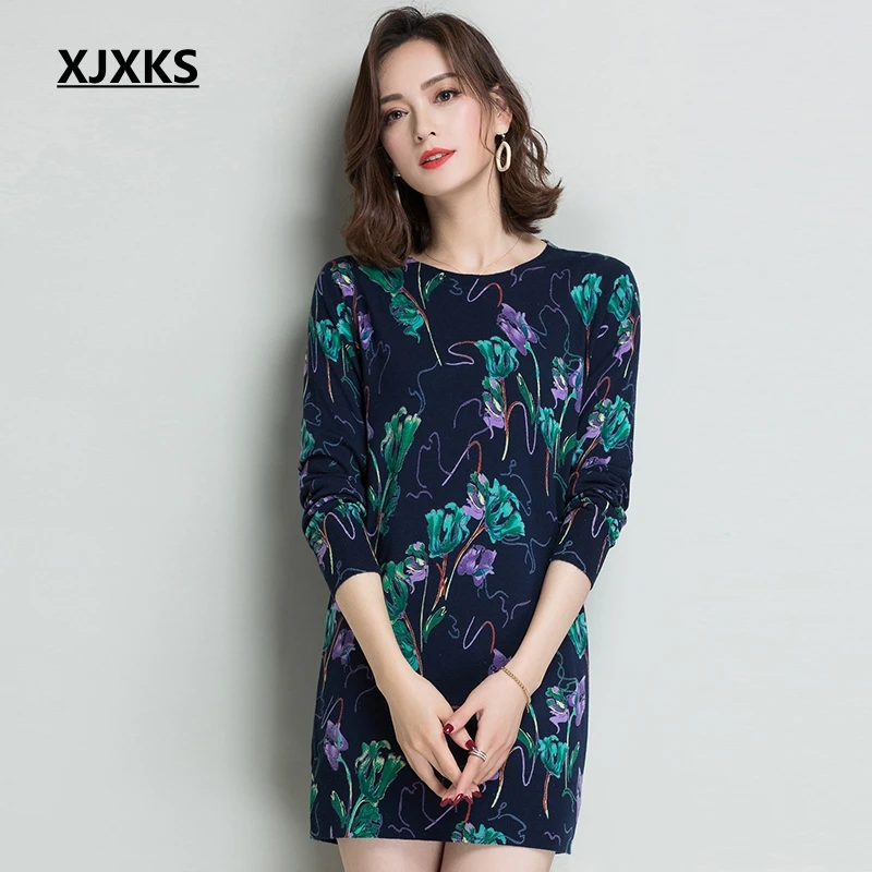 

XJXKS High Quality 2019 New Women Sweater Reactive Printing Oversized Sweater Thin Fashion Casual Pullover Women Long Sweaters