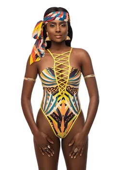 

One Piece Swimsuit 2019 New Sexy Bandage Bodysuit African Printed Swimwear Female High Cut Monokini Sexy High Neck 3743