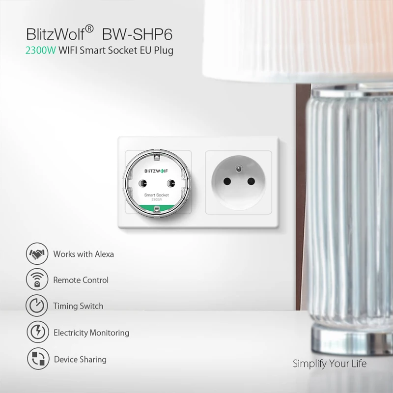 Baratos BlitzWolf BW SHP6 Enchufe europeo versión de medición WIFI Smart Socket 220 V 240 V 16A trabajo con Amazon Alexa para IFTTT para Asistente de Google