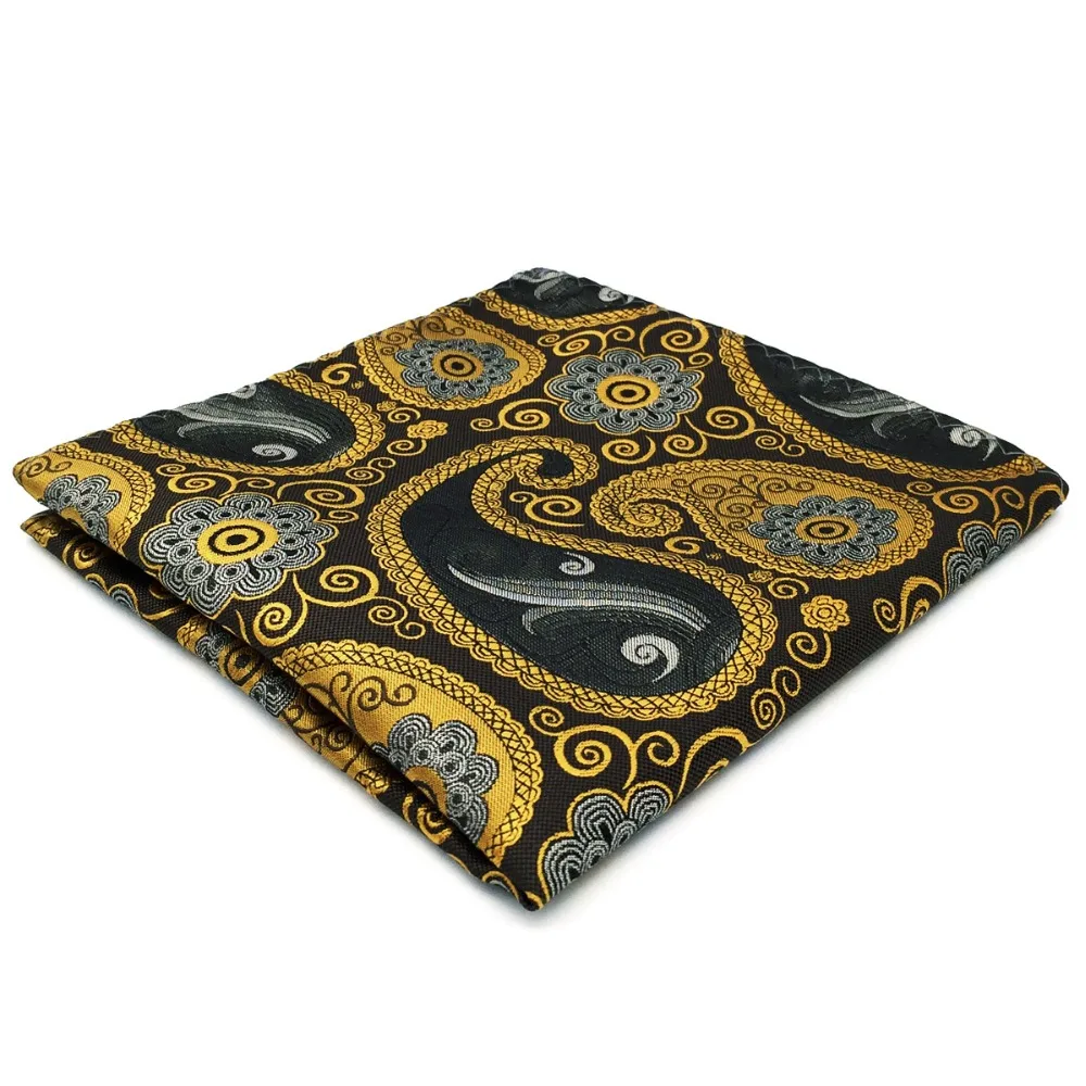CH1 Grey Gold Paisley Mens Pocket Square Classic Silk Handkerchief Large 12.6"in Men's Ties