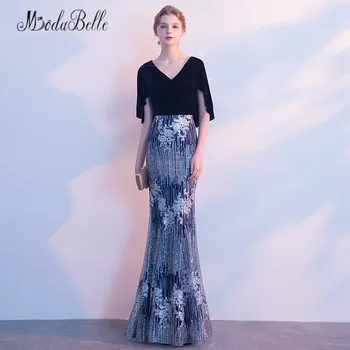 

modabelle 2018 Navy Blue Velvet Evening Dress With Cape Mermaid Kaftan Dubai Sparkling Sequined Party Gown Long Prom Dress Women