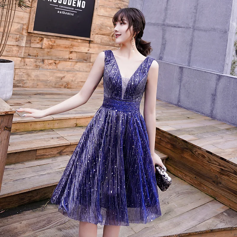 2019 синий короткое вечернее платье, пикантное кружевное платье с v-образным вырезом; платье трапециевидной формы вечерние платье