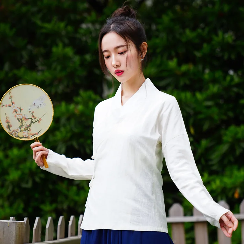 Chinese traditional Hanfu Women Cotton Linen Shirt Blouse Vintage Ladys Solid ops Oriental Hanfu Stage Show Bottoming shirt