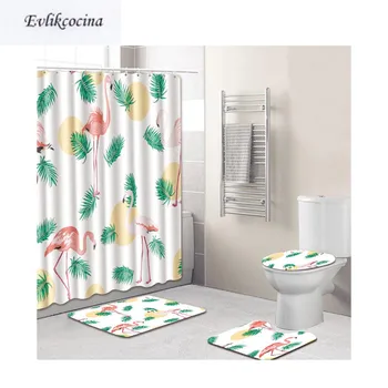 

Free Shipping 4pcs Flamingo Leaves Banyo Bath Mat Anti Slip Bathroom Mat Set Tapete Banheiro Washable Toilet Rugs Alfombra Bano