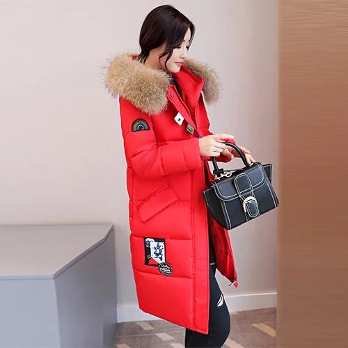 Большой натуральный мех зимняя куртка Для женщин пальто Теплый Тонкий Толстые Длинные парки енота меховой воротник с капюшоном для Для женщин пальто женские куртки - Цвет: Red