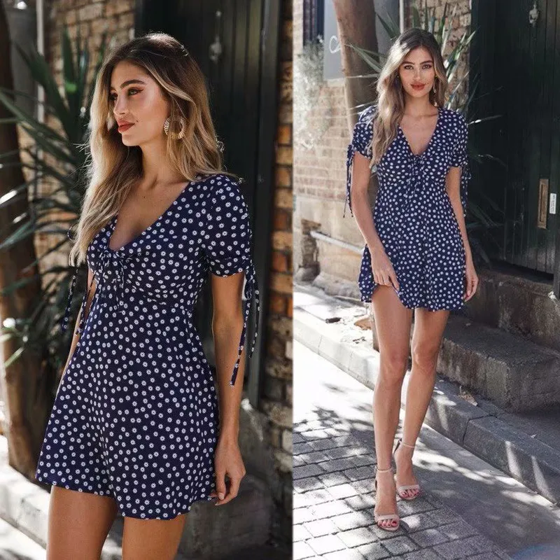 yinlinhe Floral Summer Dress Short Sleeve Slim Waist V neck Sexy Lace Up Beach Dress Women Office Elegant Vestidos 4